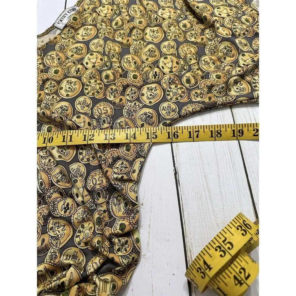 Kathy‎ Kemp Anna Women's Dress Sz2 Brown Coin Design Cinch Waist Flutter Sleeve